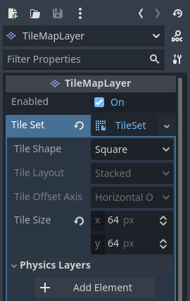 Creating a physics layer in the TileSet resource inspector (within the TileMapLayer node)