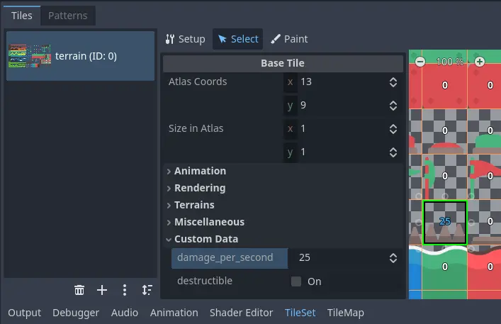 Editing custom data in the TileSet editor while in Select mode